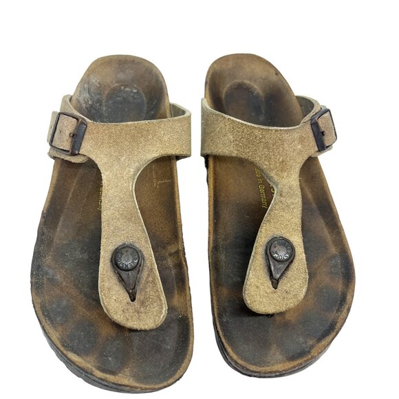 2 PAIR BIRKENSTOCK GIZEH SANDALS SZ 37 BLACK & TAUPE LEATHER SUEDE MADE GERMANY - Picture 3 of 16